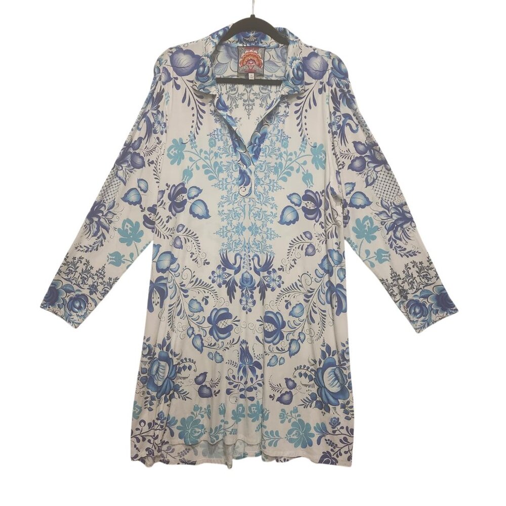 Johnny Was Women White & Blue Tunic Top Bamboo Print Farrow Polo Swing Dress  XL - Picture 3 of 7